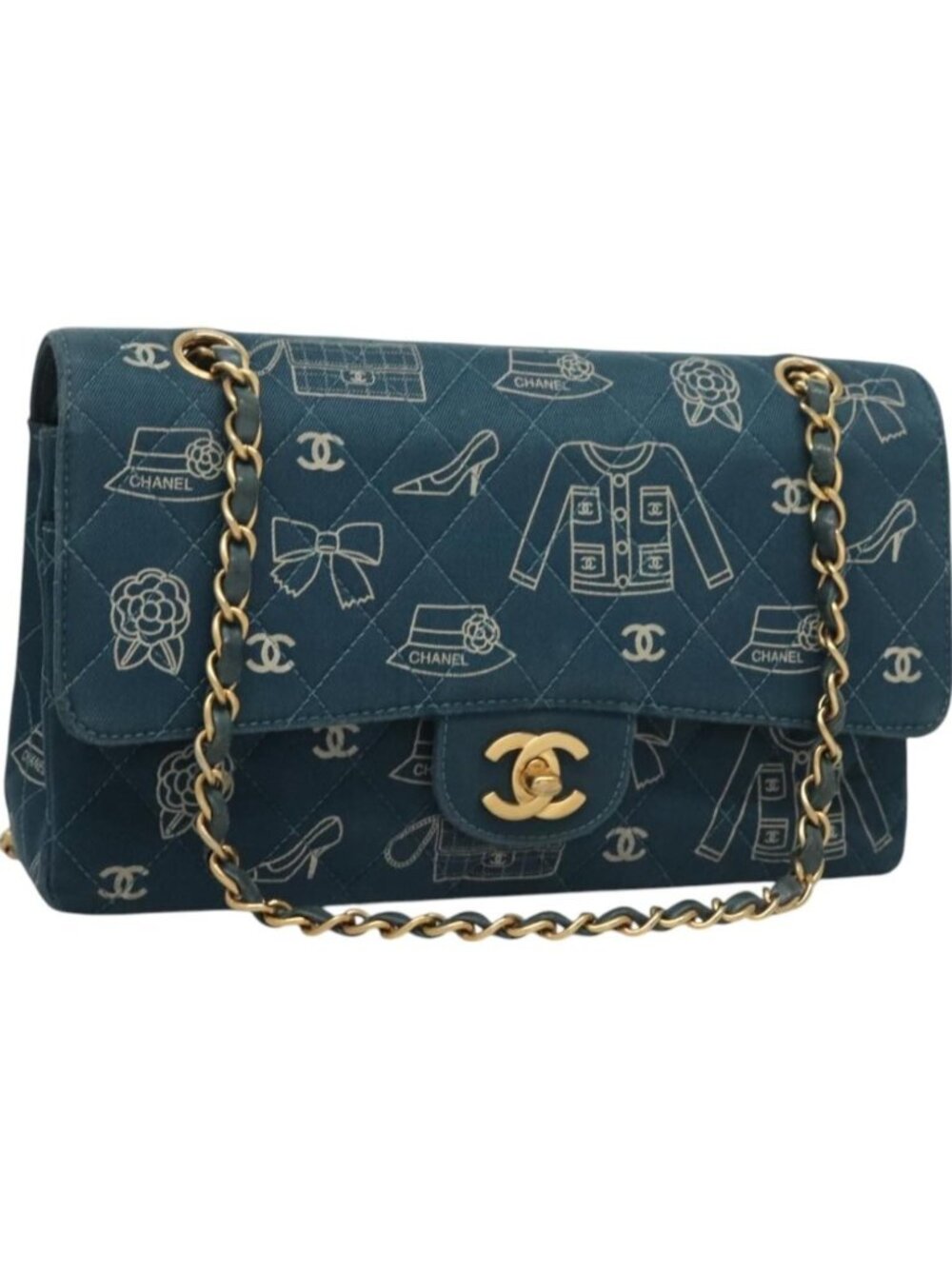 CHANEL Icon Line Matelasse 25 Chain Bag Canvas Navy Gold CC